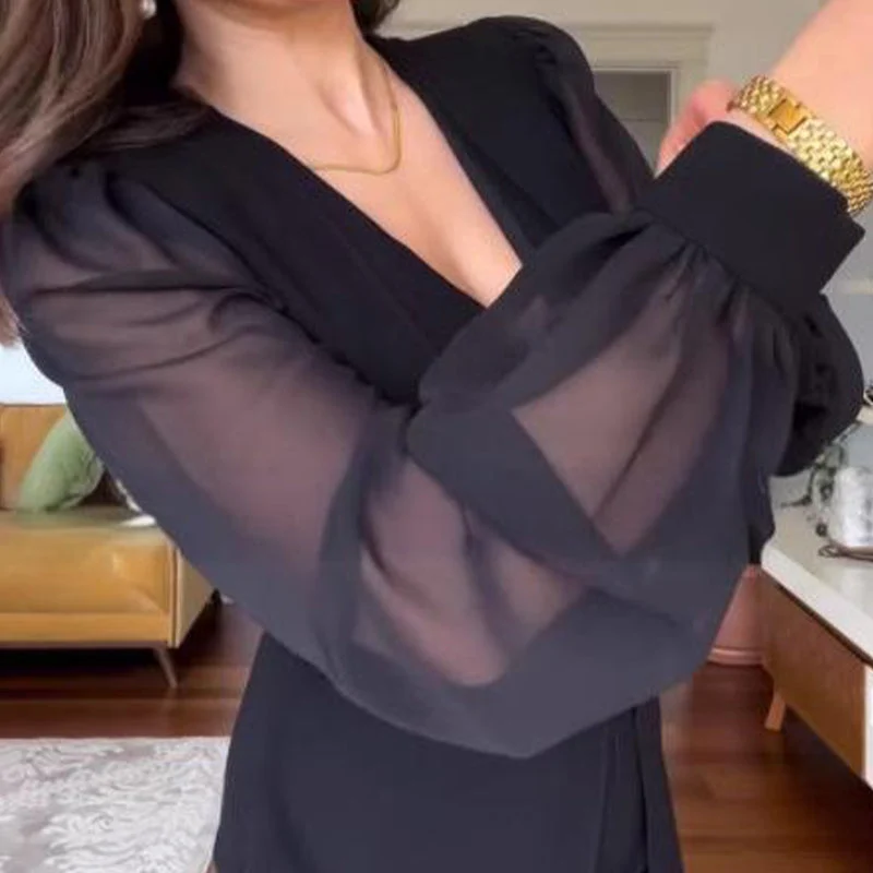 🌸Elegantne ženske obleke z dolgimi rokavi z mrežastim V-izrezom-SI