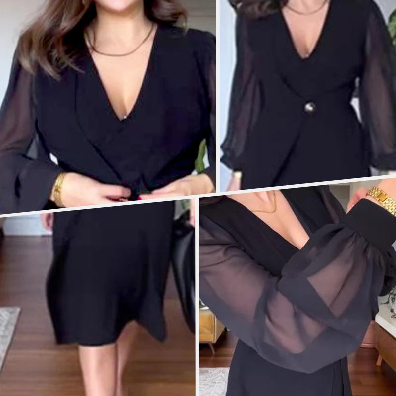 🌸Elegantne ženske obleke z dolgimi rokavi z mrežastim V-izrezom-SI