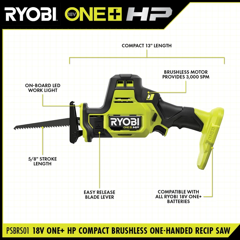 18V ONE+ HP Brushless Compact One-Handed Reciprocating Saw Kit with 1.5 Ah Battery and 18V Charger