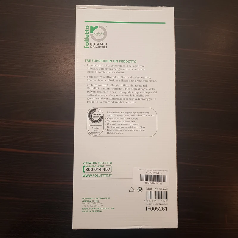 Confezione 6 sacchetti filtrello premium FP140 per VK140 e VK150 Vorwerk Folletto