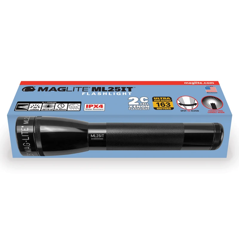 Maglite® ML25IT Classic 2C Glühbirnen-Taschenlampe – 163 Meter Leuchtweite, bis zu 3 Stunden 30 Minuten Laufzeit & 30 Lumen