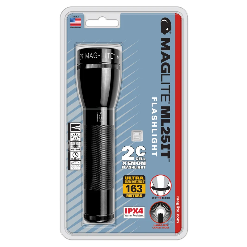 Maglite® ML25IT Classic 2C Glühbirnen-Taschenlampe – 163 Meter Leuchtweite, bis zu 3 Stunden 30 Minuten Laufzeit & 30 Lumen