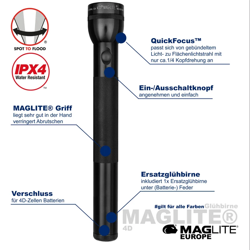 Maglite® Classic 4-Cell D Glühbirnen-Taschenlampe – 267 Meter Leuchtweite, bis zu 9 Stunden 35 Minuten Leuchtdauer & 98 Lumen