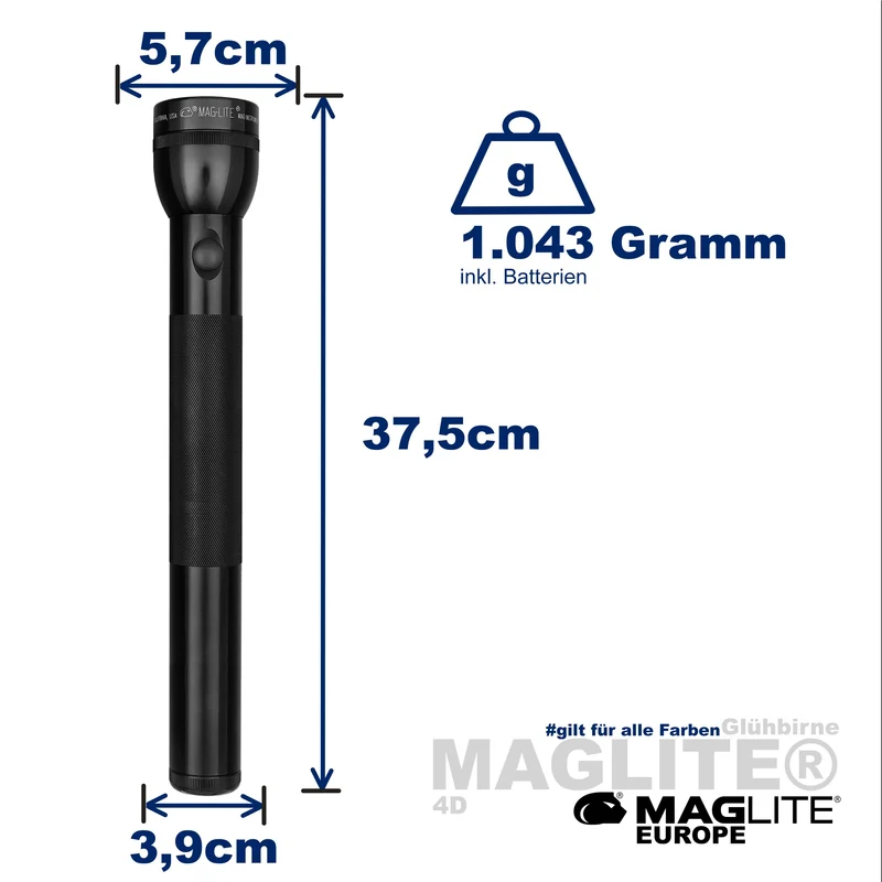 Maglite® Classic 4-Cell D Glühbirnen-Taschenlampe – 267 Meter Leuchtweite, bis zu 9 Stunden 35 Minuten Leuchtdauer & 98 Lumen