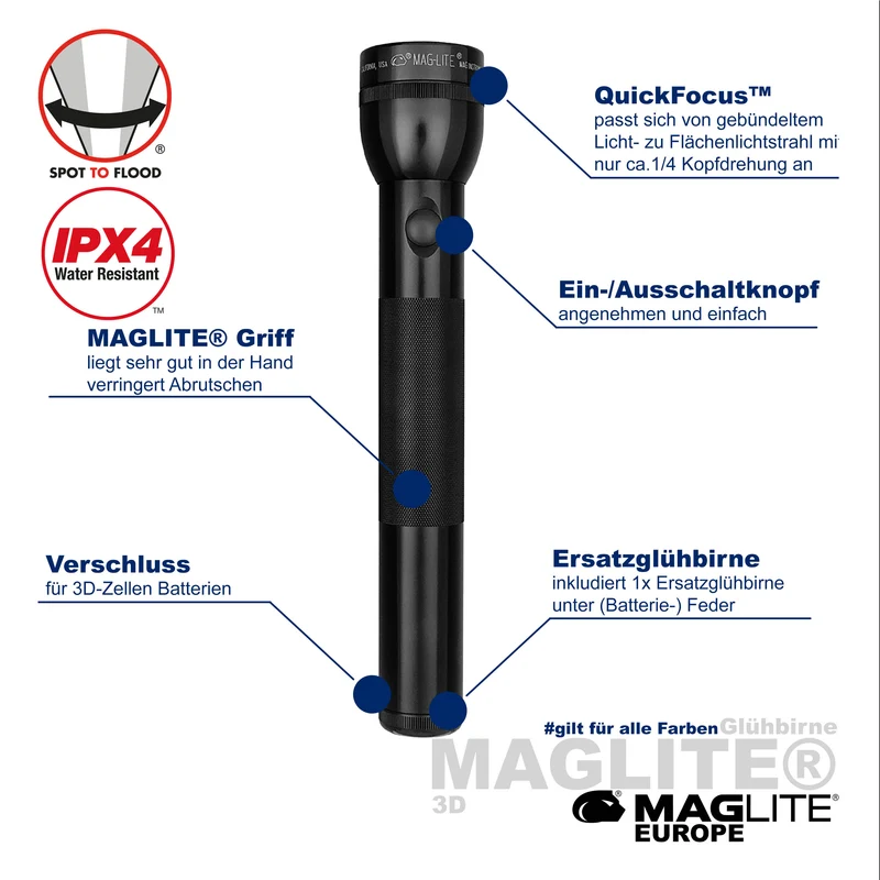 Maglite® Classic 3-Zellen D Glühbirnen-Taschenlampe – 269 Meter Leuchtweite, bis zu 9 Stunden und 28 Minuten Laufzeit & 60 Lumen