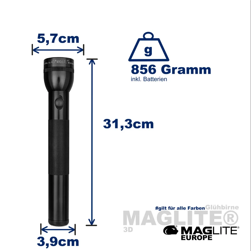 Maglite® Classic 3-Zellen D Glühbirnen-Taschenlampe – 269 Meter Leuchtweite, bis zu 9 Stunden und 28 Minuten Laufzeit & 60 Lumen