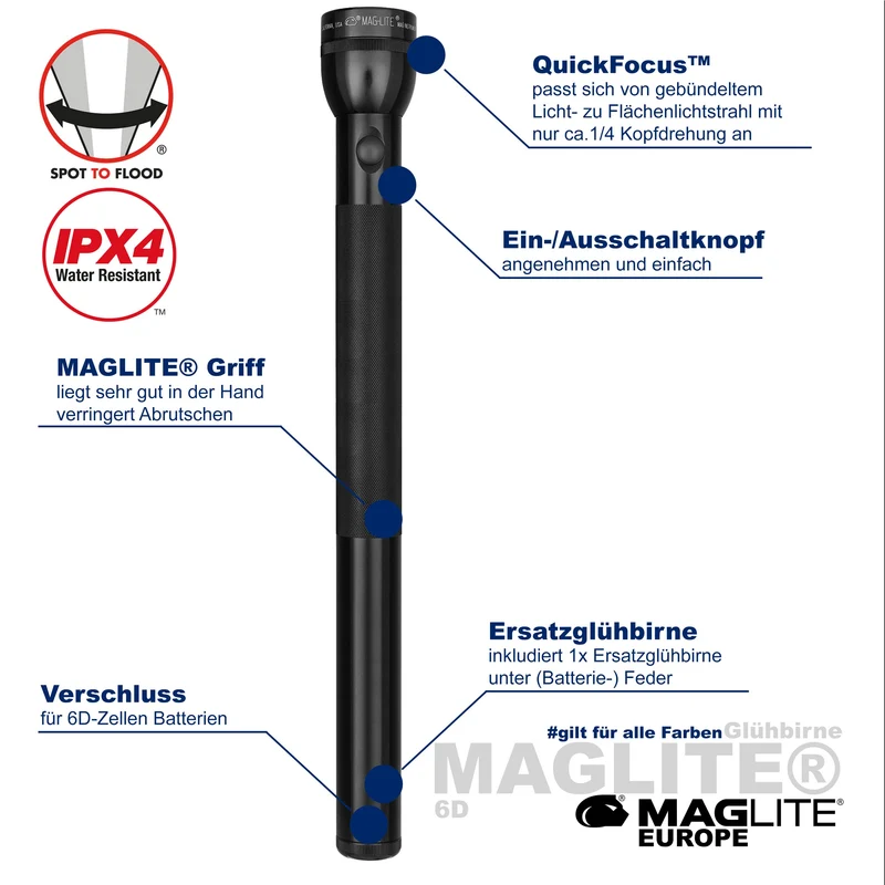Maglite® Classic 6-D-Zellen Glühbirnen-Taschenlampe – 338 Meter Leuchtweite, bis zu 11 Stunden und 9 Minuten Leuchtdauer & 178 Lumen