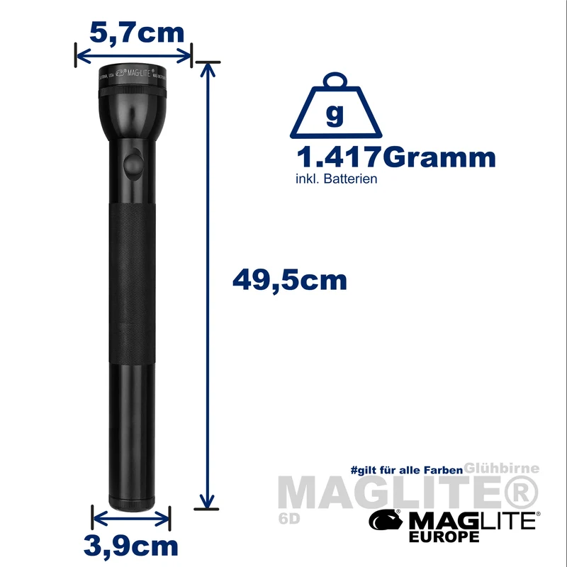Maglite® Classic 6-D-Zellen Glühbirnen-Taschenlampe – 338 Meter Leuchtweite, bis zu 11 Stunden und 9 Minuten Leuchtdauer & 178 Lumen