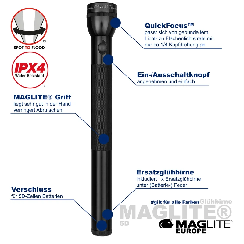 Maglite® Classic 5D Glühbirnen-Taschenlampe – 312 Meter Leuchtweite, bis zu 9 Stunden 15 Minuten Laufzeit & 151 Lumen