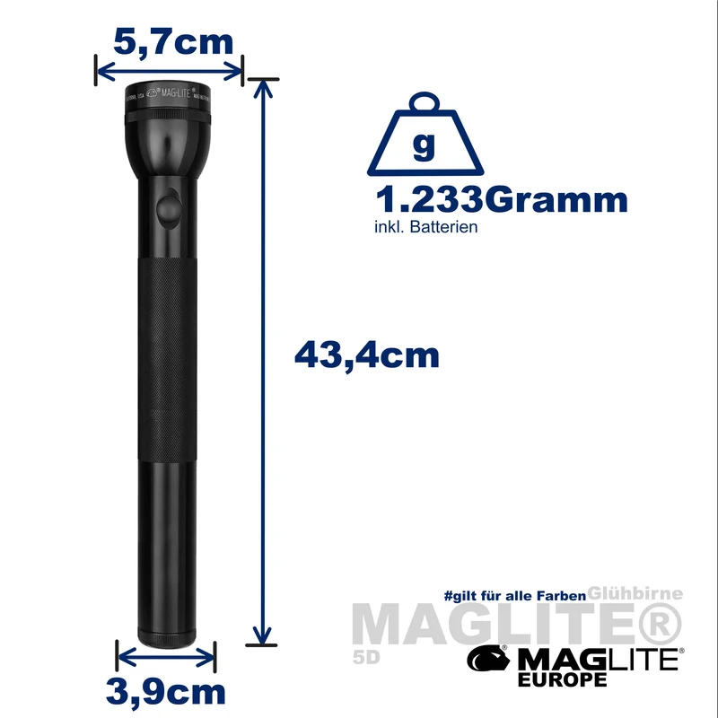 Maglite® Classic 5D Glühbirnen-Taschenlampe – 312 Meter Leuchtweite, bis zu 9 Stunden 15 Minuten Laufzeit & 151 Lumen