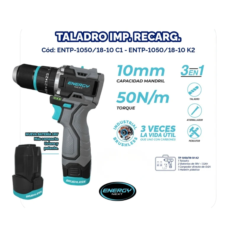 TALADRO DE IMPACTO RECARGABLE 18V C/ 2BAT 1.5AH + CARG DIRECTO 1.5AH