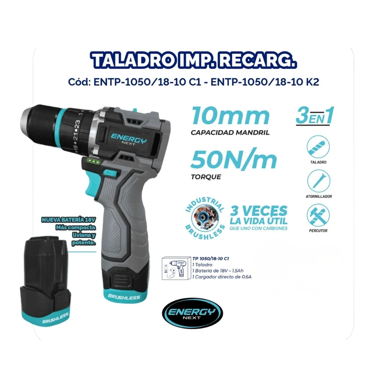 TALADRO DE IMPACTO RECARGABLE 18V C/BAT 1.5AH + CARG DIRECTO 1.5AH