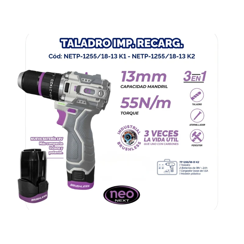 TALADRO DE IMPACTO RECARGABLE 18V + 2BAT. 2AH + CARG. 1.5AH 55NM EN MALETIN
