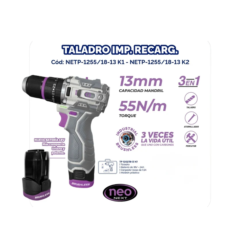 TALADRO DE IMPACTO RECARGABLE 18V + BAT. 2AH + CARG. 1.5AH 55NM EN BMC
