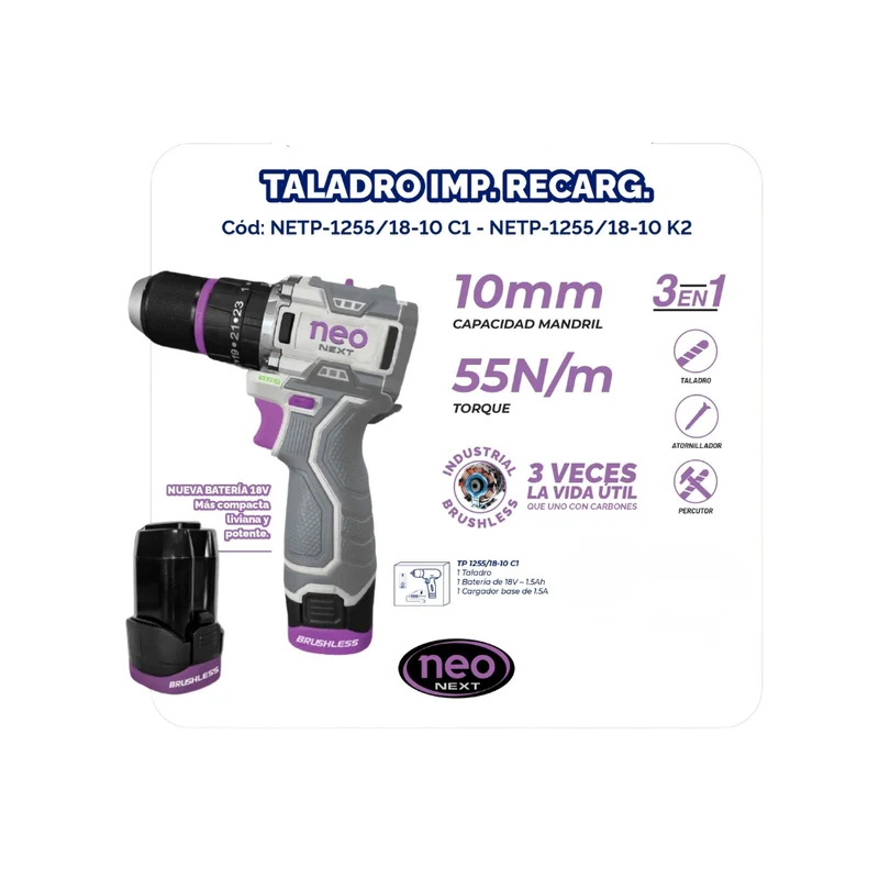 TALADRO DE IMPACTO RECARGABLE 18V + BAT. 1.5AH + CARG. 1.5AH 55NM EN CAJA