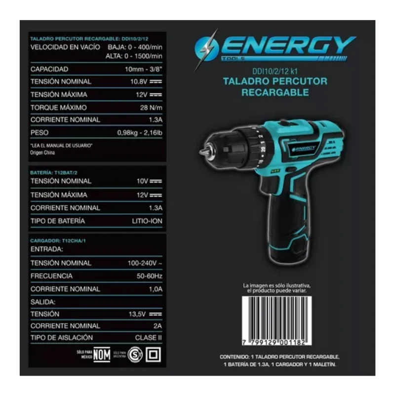 TALADRO PERCUTOR RECARGABLE ENERGY 10MM 12V CON MALETÍN