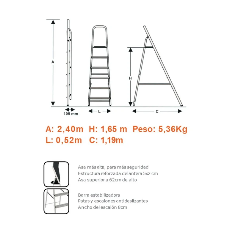 ESCALERA REFORZADA DE ALUMINIO BLACK&DECKER, 7 ESCALONES, 150 KG