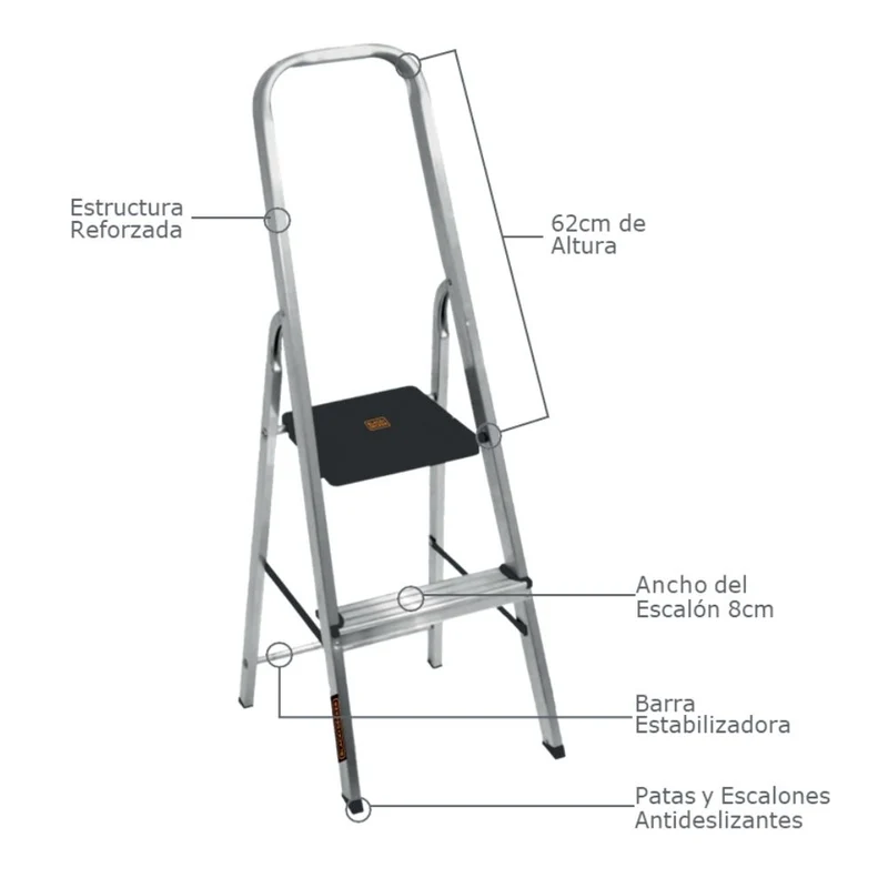 ESCALERA REFORZADA DE ALUMINIO BLACK&DECKER, 2 ESCALONES, 150KG