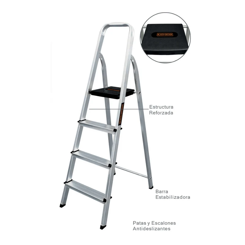 ESCALERA REFORZADA DE ALUMINIO BLACK&DECKER, 5 ESCALONES, 120 KG