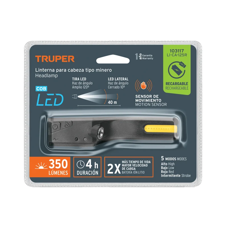 LINTERNA DE MINERO 125LM RECARG. CON SENSOR ,TRUPER
