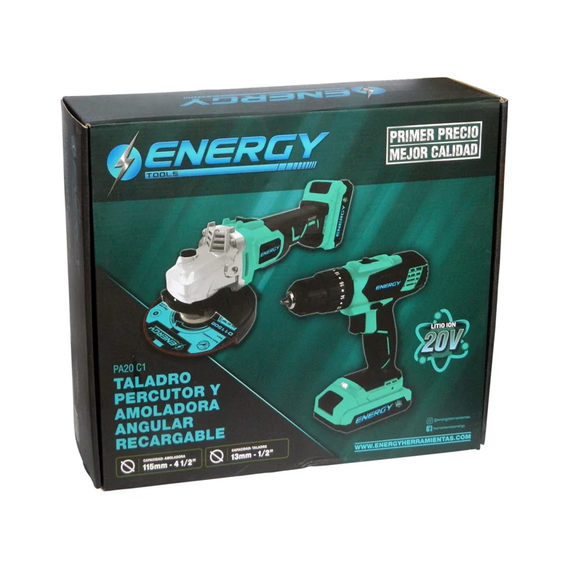 KIT ENERGY TALADRO PERCUTOR 13MM + AMOLADORA ANGULAR 115MM 8500RPM
