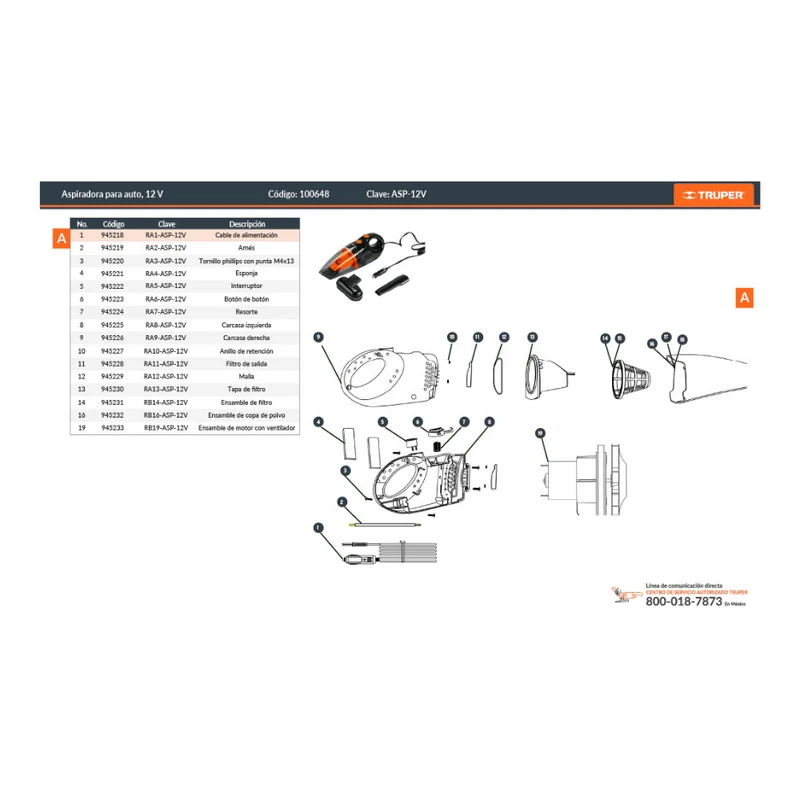 ASPIRADORA PARA AUTO TRUPER DE 12V, FILTROS LAVABLES