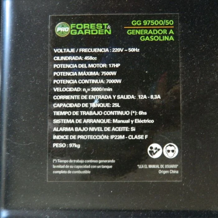 GENERADOR A GASOLINA FOREST & GARDEN 17HP-7500W