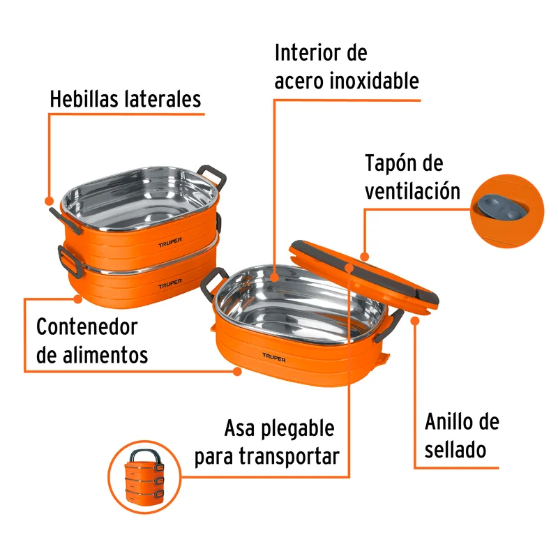 LONCHERA TÉRMICA CON 3 CONTENEDORES DE ACERO INOXIDABLE, TRUPER