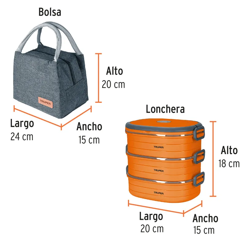 LONCHERA TÉRMICA CON 3 CONTENEDORES DE ACERO INOXIDABLE, TRUPER