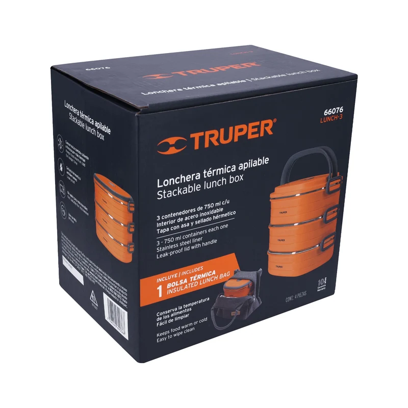 LONCHERA TÉRMICA CON 3 CONTENEDORES DE ACERO INOXIDABLE, TRUPER