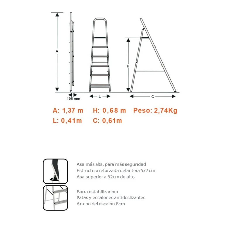 ESCALERA REFORZADA DE ALUMINIO BLACK&DECKER, 3 ESCALONES, 150 KG