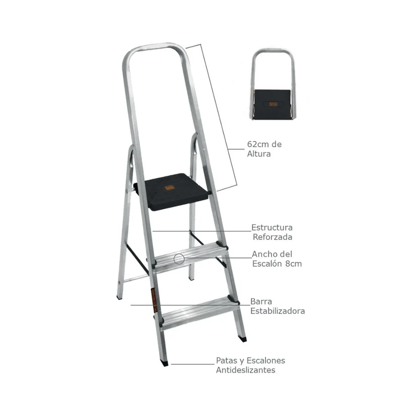 ESCALERA REFORZADA DE ALUMINIO BLACK&DECKER, 3 ESCALONES, 150 KG
