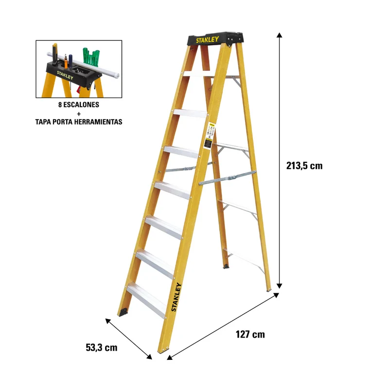 ESCALERA STANLEY DE FIBRA DE VIDRIO, TIPO TIJERA, 8 ESCALONES