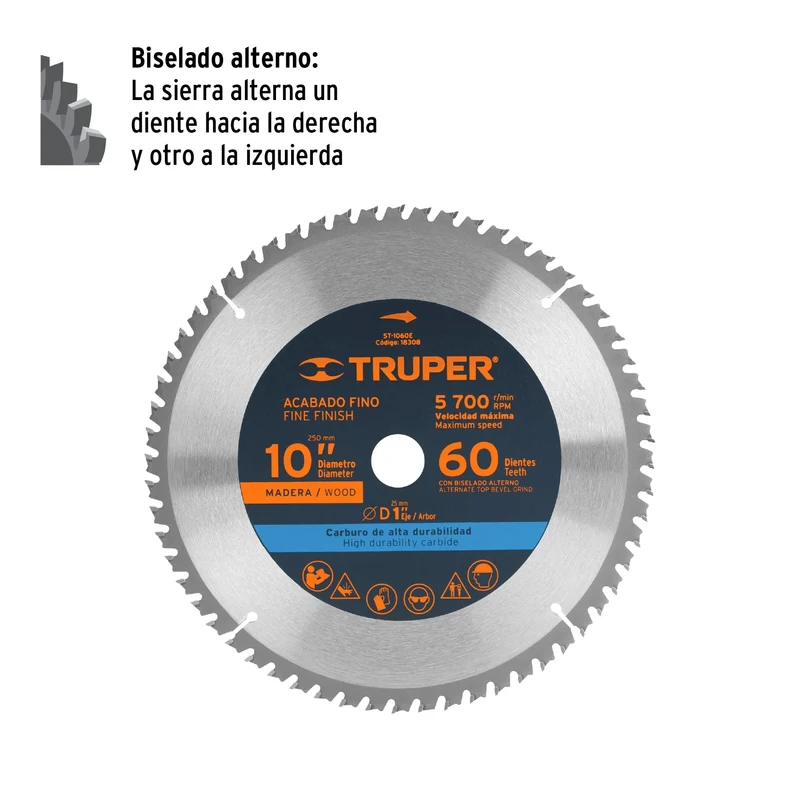 DISCO SIERRA 10" PARA MADERA, 60 DIENTES CENTRO 1", TRUPER