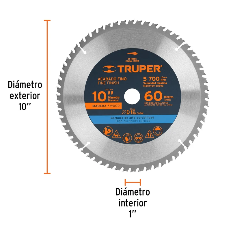 DISCO SIERRA 10" PARA MADERA, 60 DIENTES CENTRO 1", TRUPER
