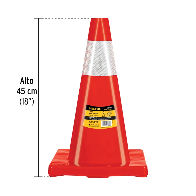 CONO DE PRECAUCION PVC 45CM, PRETUL C/REFLEJANTE