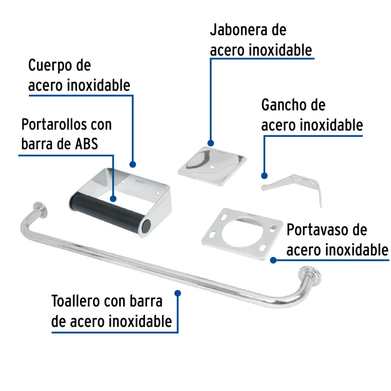 JUEGO DE 5 ACCESORIOS P/ BAÑO ACERO INOX, FOSET