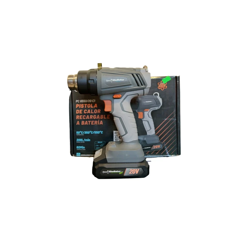 PISTOLA DE CALOR RECARGABLE 20V BAT 2AH+CHA 2.2A GLADIATOR EN CAJA