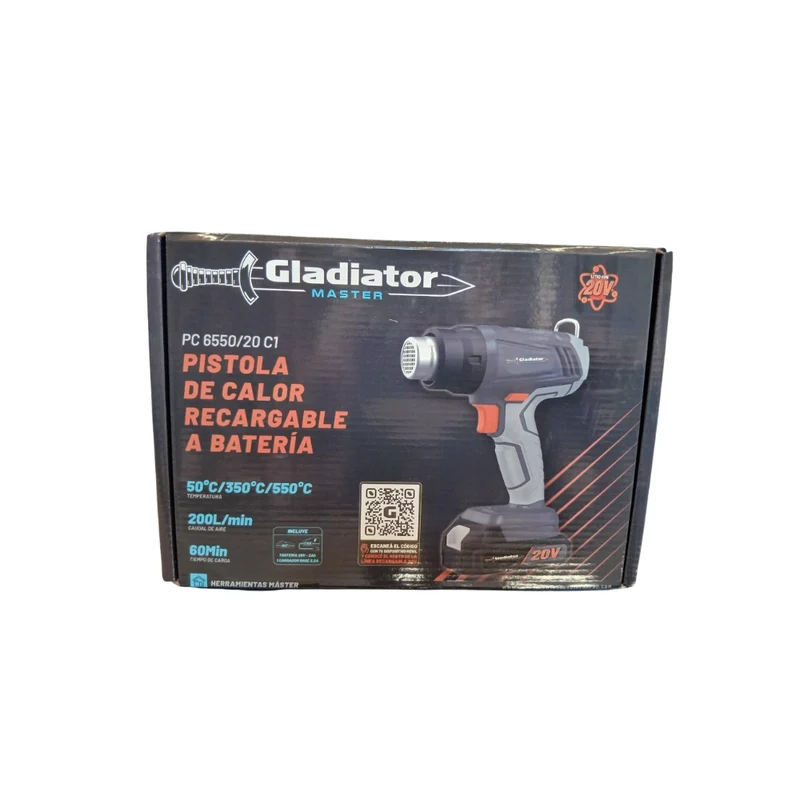 PISTOLA DE CALOR RECARGABLE 20V BAT 2AH+CHA 2.2A GLADIATOR EN CAJA