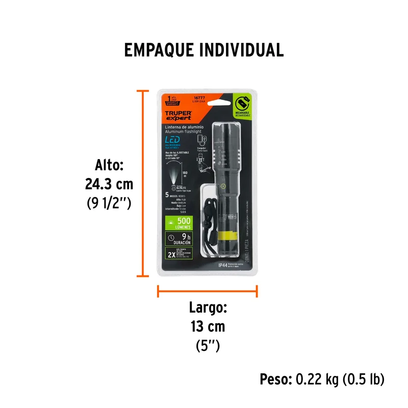 LINTERNA LED RECARGABLE DE ALUMINIO TRUPER 500 LM