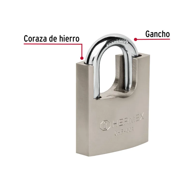 CANDADO DE HIERRO 60 MM CON CORAZA HERMEX, LLAVE ANTI-GANZÚA