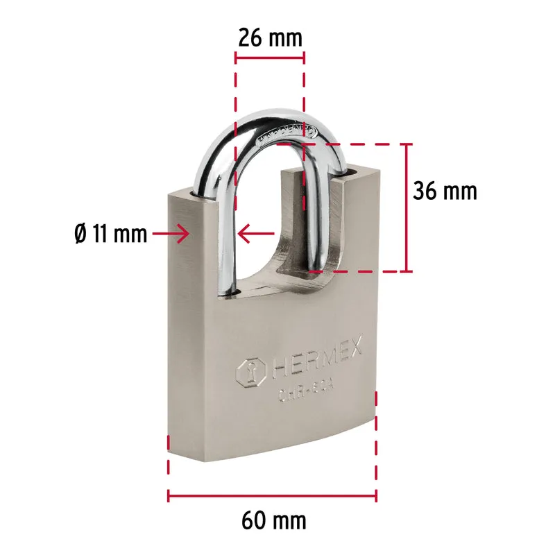 CANDADO DE HIERRO 60 MM CON CORAZA HERMEX, LLAVE ANTI-GANZÚA
