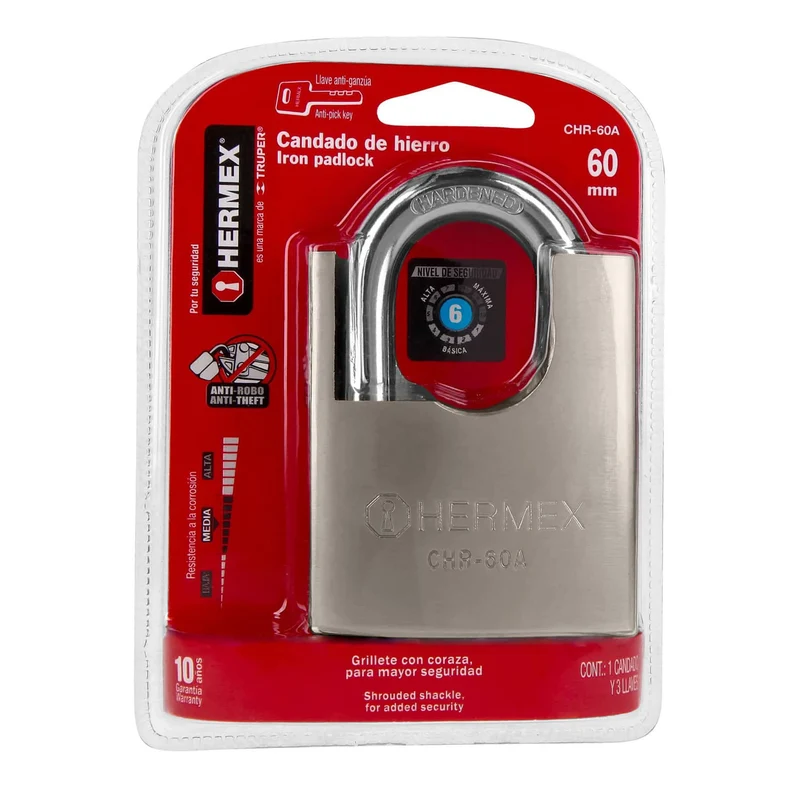 CANDADO DE HIERRO 60 MM CON CORAZA HERMEX, LLAVE ANTI-GANZÚA