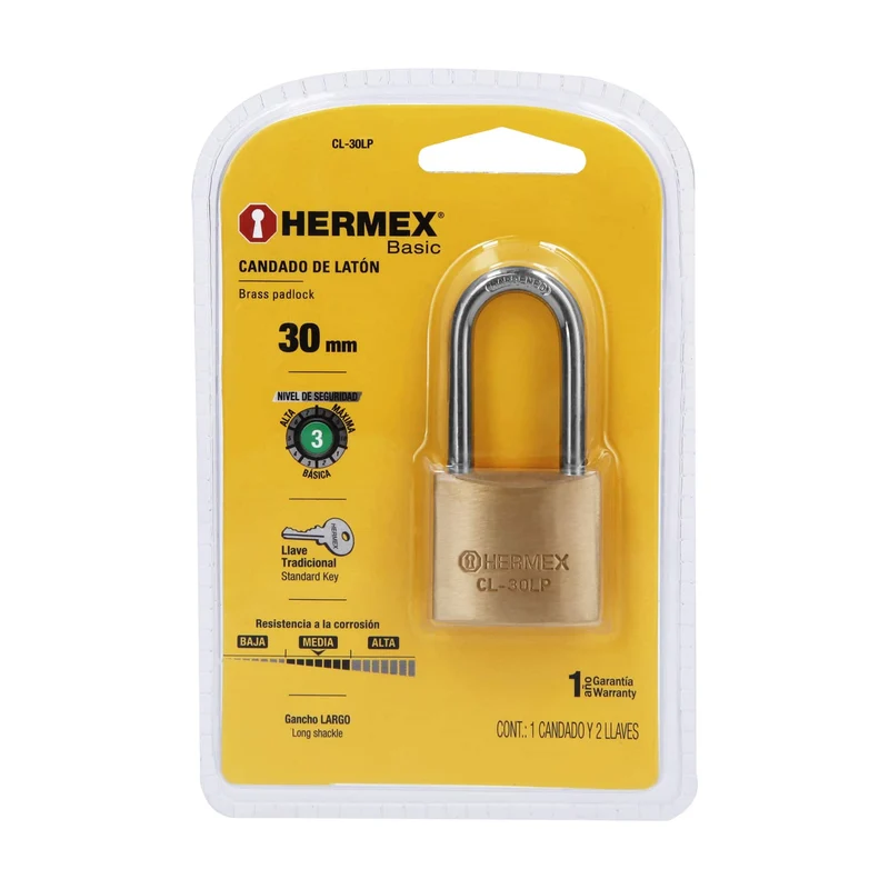 CANDADO DE LATÓN 30 MM GANCHO LARGO EN BLÍSTER, HERMEX