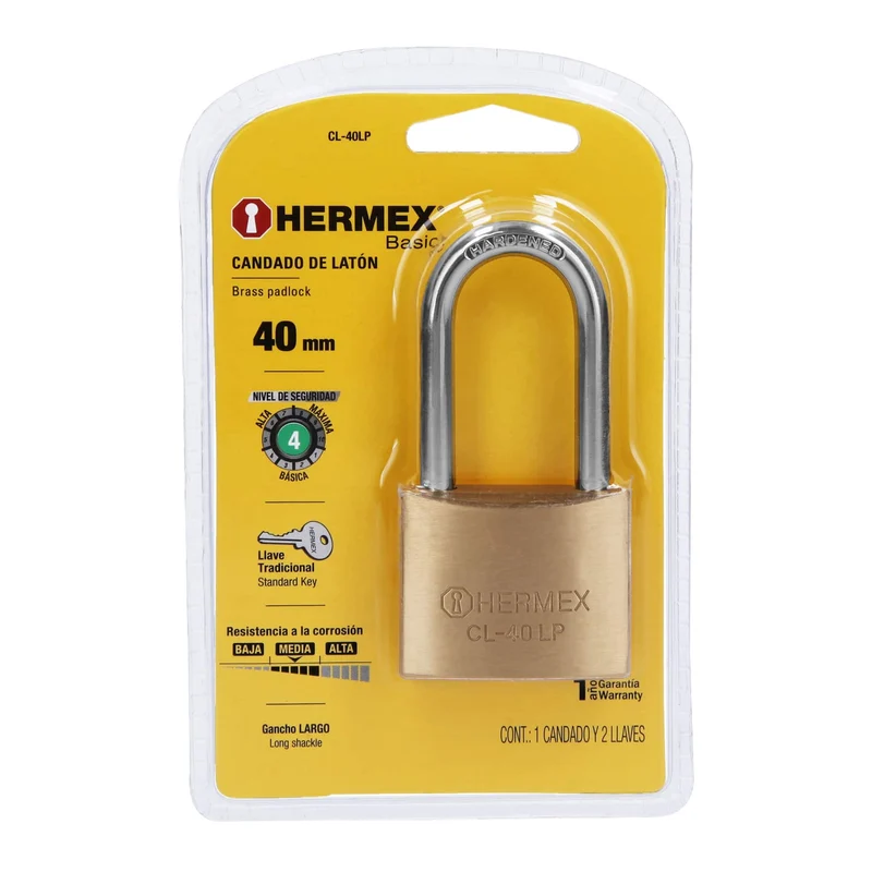 CANDADO DE LATÓN 40 MM GANCHO LARGO EN BLÍSTER, HERMEX