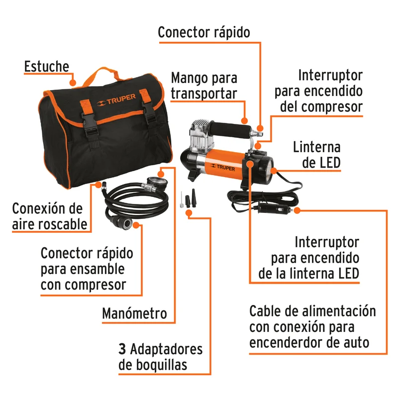 COMPRESOR DE AIRE TRUPER 12V PARA AUTO, PORTÁTIL