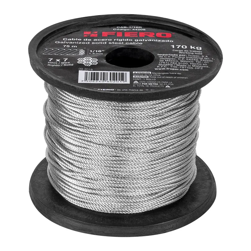 CABLE RÍGIDO FIERO 1/16" DE ACERO 7X7 HILOS, ROLLO 75 METROS