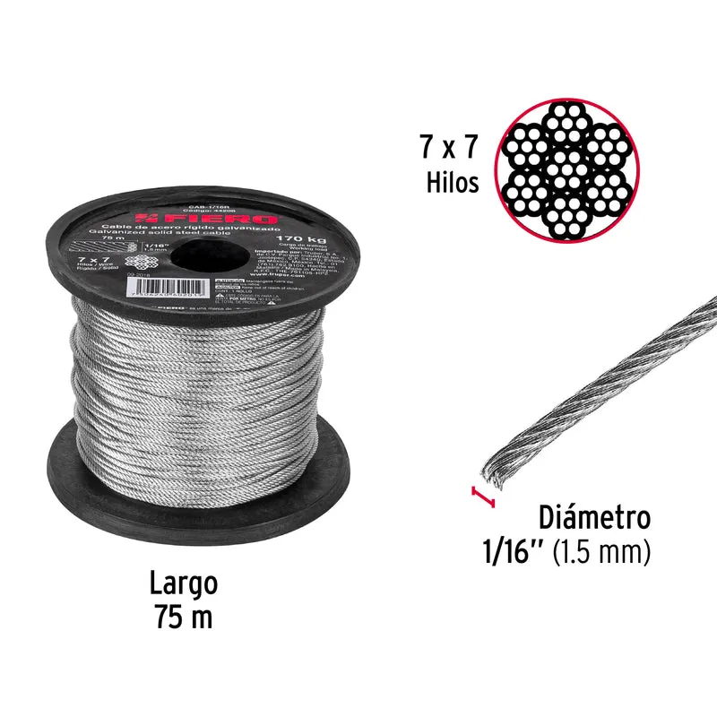 CABLE RÍGIDO FIERO 1/16" DE ACERO 7X7 HILOS, ROLLO 75 METROS