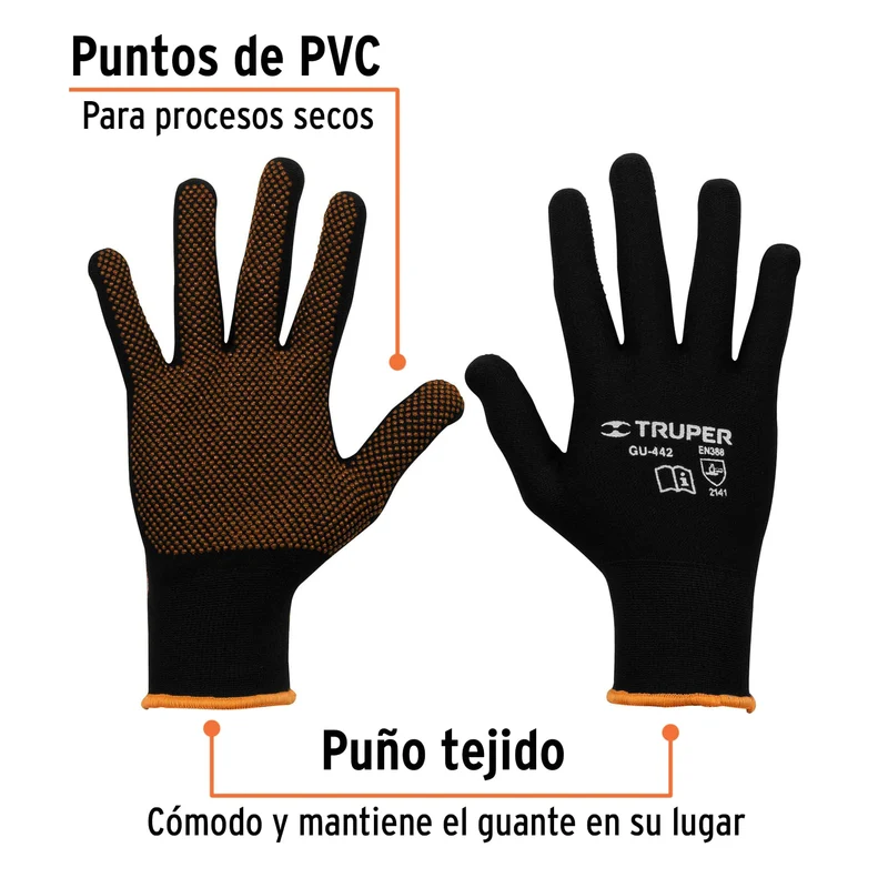 GUANTES DE POLIÉSTER TRUPER CON PUNTOS DE PVC EN PALMA, TALLA M
