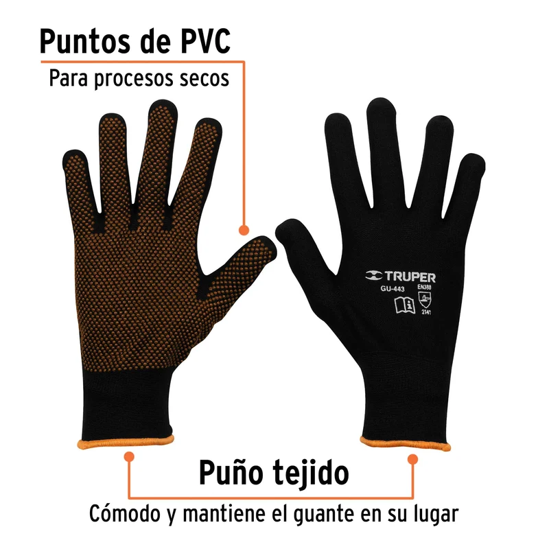 GUANTES DE POLIÉSTER TRUPER CON PUNTOS DE PVC EN PALMA, TALLA G